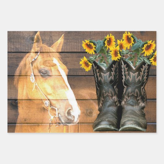 Western Stiefel und Cowboystiefel Sonnenblumen Geschenkpapier Set (Vorderseite)