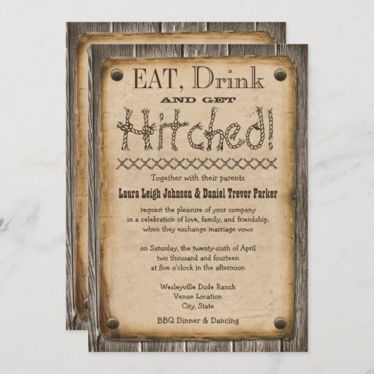 Western-Stil Essen, Trinken und Hitched Wedding Einladung (Vorne/Hinten)