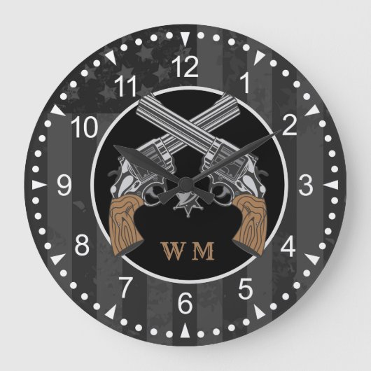 Western-Stil überquert Gewehre mit Monogramm Große Wanduhr (Vorderseite)