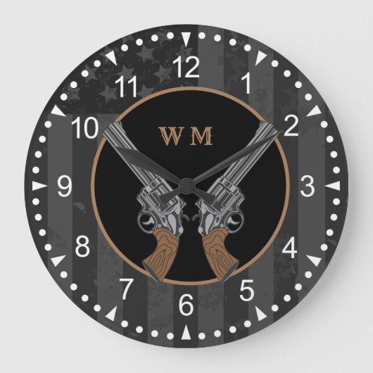 Western-Stil überquert Gewehre mit Monogramm Große Wanduhr (Vorderseite)