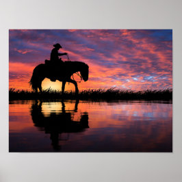 Western Sunset Cowboy on Horseback Big Sky Poster