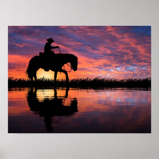 Western Sunset Cowboy on Horseback Big Sky Poster (Vorne)