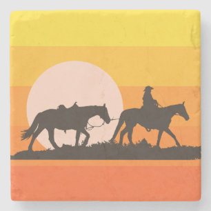Western Sunset Cowboy Silhouette Wurfkissen Steinuntersetzer
