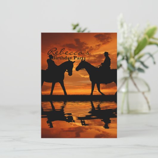 Western Sunset Horseback Riding Cowboy Silhouette Einladung (Stehend Vorderseite)