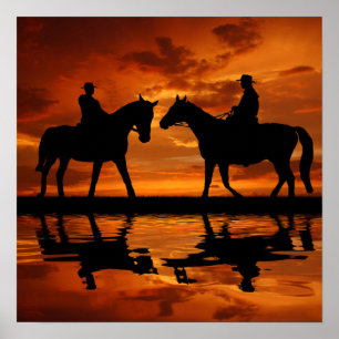 Western Sunset Horseback Riding Cowboy Silhouette Poster