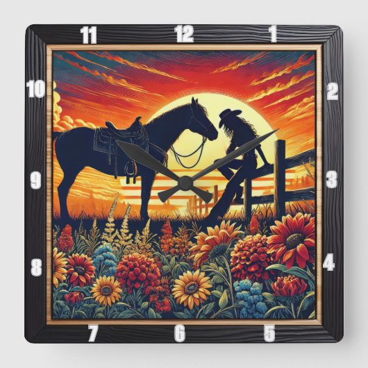 Western-Szene - Pferd, Reiter, Sonnenuntergang Quadratische Wanduhr (Vorderseite)