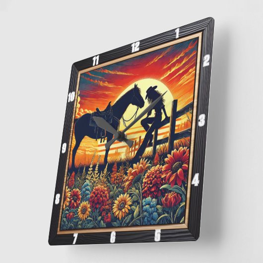 Western-Szene - Pferd, Reiter, Sonnenuntergang Quadratische Wanduhr (Winkel)