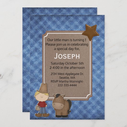 Western Themed Baby Boy Einladung zum ersten Gebur (Vorne/Hinten)