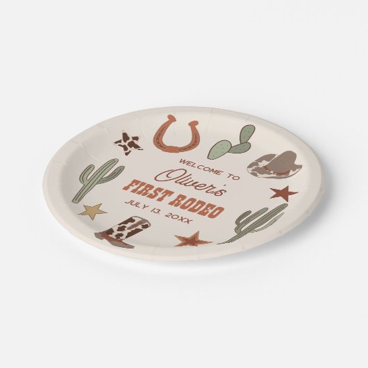 Western Themed First Rodeo Geburtstag Pappteller (Schrägansicht)