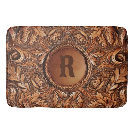 Western-Tooled Leather Print Custom Initial Badematte (Vorderseite)