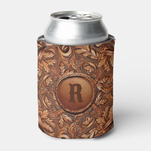 Western-Tooled Leather Print Custom Initial Dosenkühler (Kanne Vorderseite)