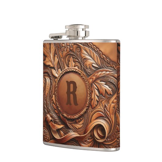 Western-Tooled Leather Print Custom Initial Flachmann (Links)