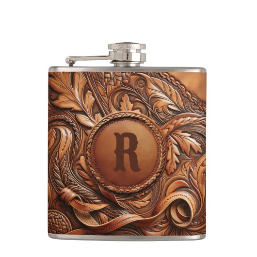 Western-Tooled Leather Print Custom Initial Flachmann (Vorderseite)