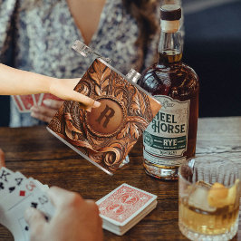 Western-Tooled Leather Print Custom Initial Flachmann