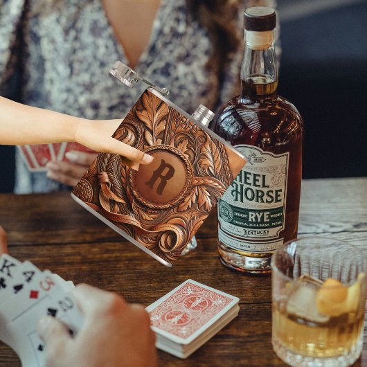 Western-Tooled Leather Print Custom Initial Flachmann