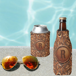 Western-Tooled Leather Print Custom Initial Flaschenkühler