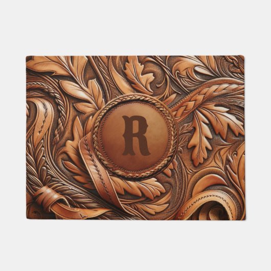 Western-Tooled Leather Print Custom Initial Fußmatte (Vorderseite)