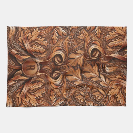 Western-Tooled Leather Print Custom Initial Geschirrtuch (Horizontal)