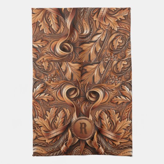 Western-Tooled Leather Print Custom Initial Geschirrtuch (Vertikal)