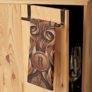Western-Tooled Leather Print Custom Initial Geschirrtuch