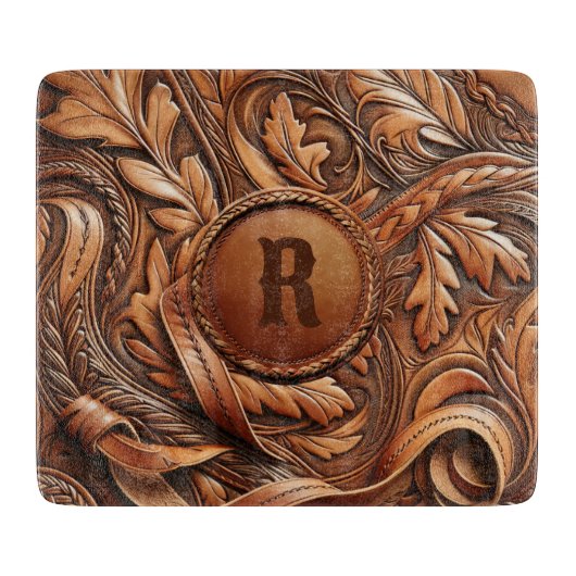 Western-Tooled Leather Print Custom Initial Schneidebrett (Vorderseite)