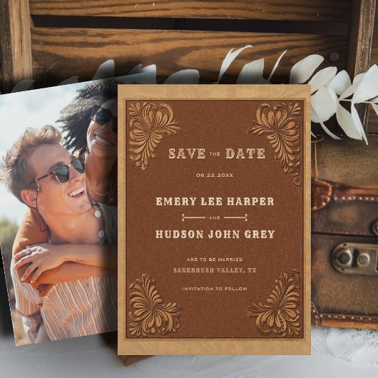 Western Tooled Leather Rustic Photo Wedding Save The Date