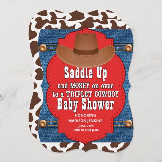 Western Triplet Cowboys Kinderdusche Einladung (Vorne/Hinten)