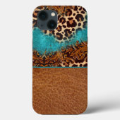 Western Türkis Glitzer Geblüht Leather Leopard Case-Mate iPhone Hülle (Rückseite)