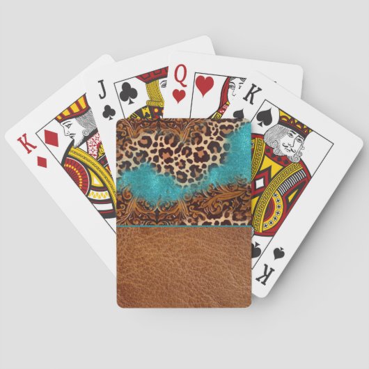 Western Türkis Glitzer Geblüht Leather Leopard Spielkarten (Rückseite)