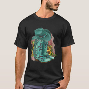 Western Turquoise Cowboy Boots Hat And Sunflowers  T-Shirt
