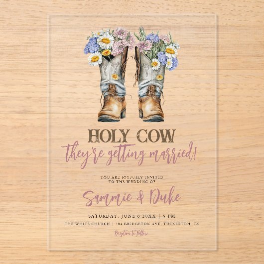 Western und Country Blume Boots Rustikale Hochzeit Acryleinladungen (Vorderseite)