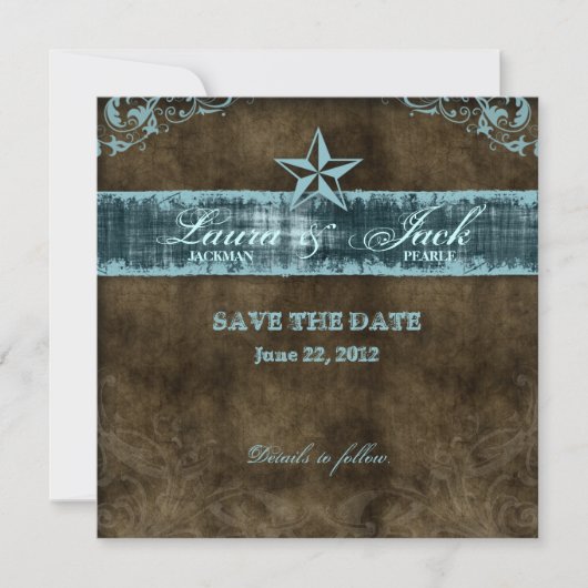Western Vintag Save the Date Karte Blue Star (Vorderseite)