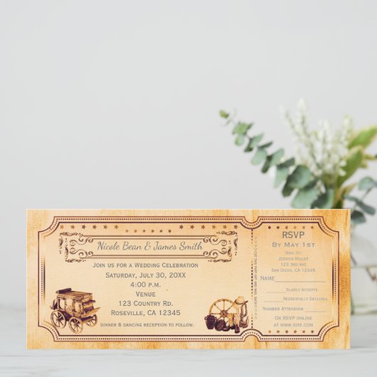 Western Vintage Wedding Ticket Einladung & uAwg (Stehend Vorderseite)