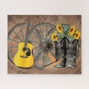Western-Waggonrad-Gitarre-Cowboystiefel Sonnenblum Puzzle
