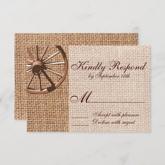 Western Wagon Wheel Burlap Wedding RSVP Card (Vorne/Hinten)