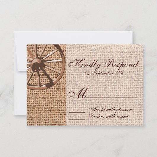 Western Wagon Wheel Burlap Wedding RSVP Card Karte (Vorderseite)