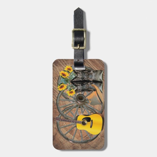 Western Wagon Wheel Gitarre Cowboy Stiefel Sonnenb Gepäckanhänger (Vorderseite vertikal)