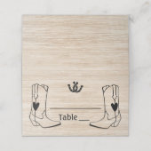 Western Wedding Cowboy Boots Rustic Brown Wood Platzkarte (Außenseite Aufgefaltet)