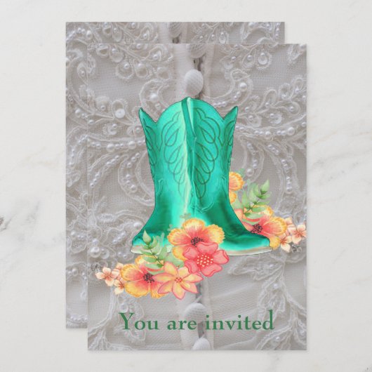 Western Wedding Cowboy Stiefel Blume und Spitze Einladung (Vorne/Hinten)