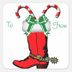 Western Weihnachts Cowboy Boot Geschenk Tag Sticke Quadratischer Aufkleber