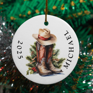 Western-Weihnachts-Cowboy-Stiefel-Hut-Name Keramik Ornament