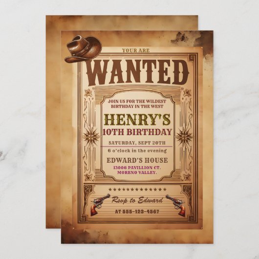 Western Wollte Cowboy Einladung zum Geburtstag (Vorne/Hinten)