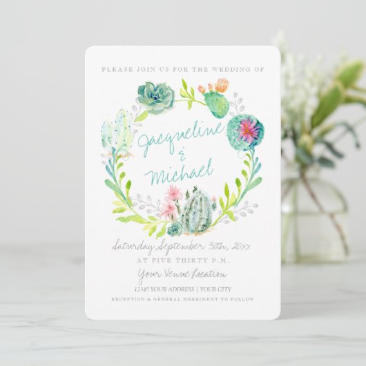 Western Wüste Cactus Blume Holz Wasserfarben Kunst Einladung (Stehend Vorderseite)