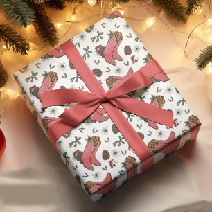 Western Xmas Cowboy Stiefel, Pinecones & Berries Geschenkpapier