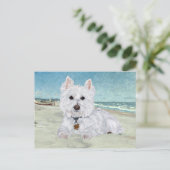 Westie am Strand Postkarte (Stehend Vorderseite)