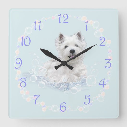 Westie Bath Time Fun Quadratische Wanduhr (Vorderseite)