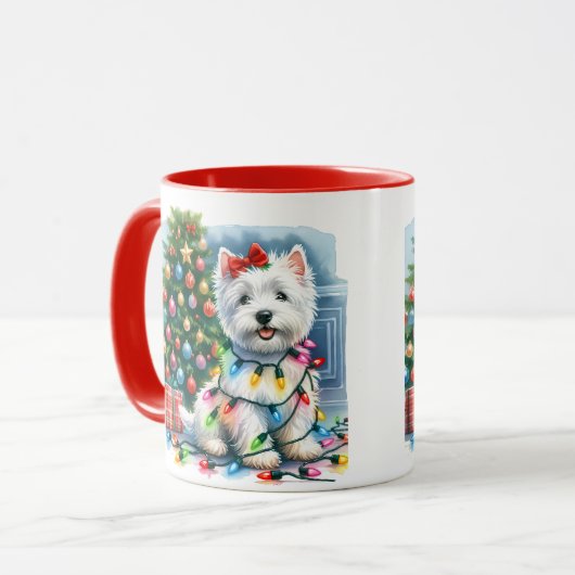 Westie Christmas Tree Lights Tasse (Vorderseite Links)