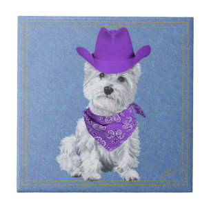 Westie Cowboy auf Jeansstoff Fliese