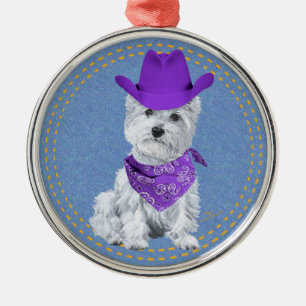 Westie Cowboy auf Jeansstoff Ornament Aus Metall