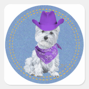 Westie Cowboy auf Jeansstoff Quadratischer Aufkleber